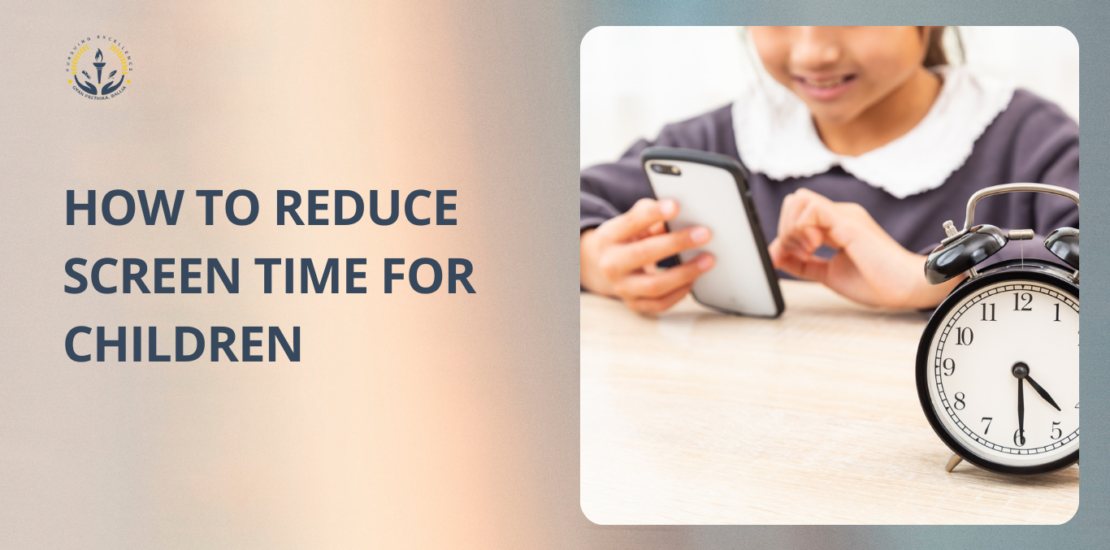 Child reading a book and playing with educational toys instead of using a mobile phone to reduce screen time and encourage healthy learning habits.