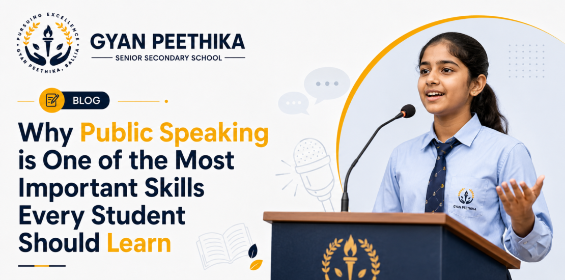 Student delivering a speech at Gyan Peethika Senior Secondary School, Ballia, developing confidence, communication, leadership, and public speaking skills.