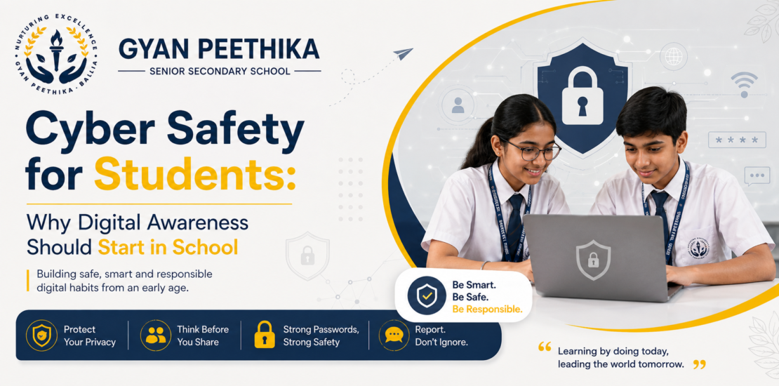 Students learning about cyber safety, digital awareness, online privacy, and safe internet practices in a school environment.