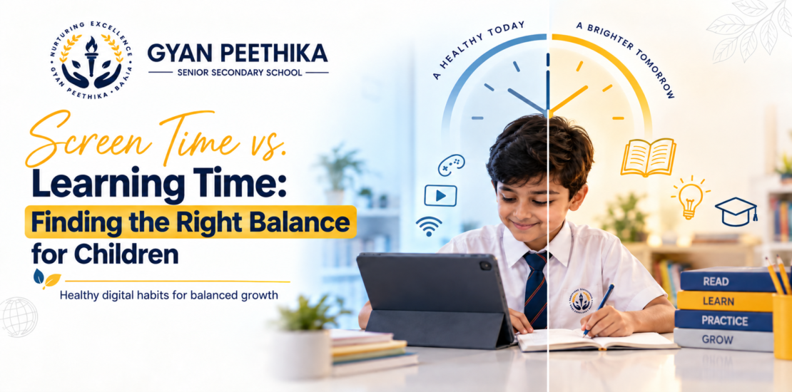 Students balancing screen time and learning time through digital education, classroom activities, reading, and healthy technology habits at school.
