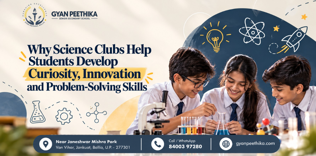 Students participating in science club activities at Gyan Peethika Senior Secondary School, Ballia, developing curiosity, innovation, teamwork, and problem-solving skills through hands-on experiments.