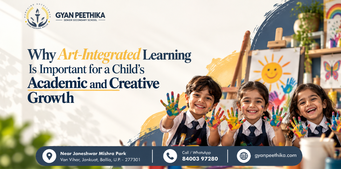 Students participating in art-integrated learning activities at Gyan Peethika Senior Secondary School, Ballia, using creativity, painting, and hands-on projects to support academic learning and overall development.